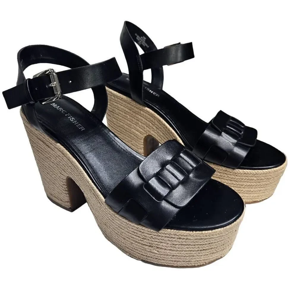 Marc Fisher Viga Black Espadrilles Heels Shoes Size 10